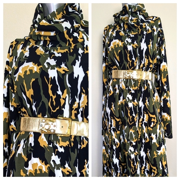 "Ashley Stewart" Camo Drapey Cowl Neck Bodycon Asymmetric Army Fatique Dress - Picture 8 of 15